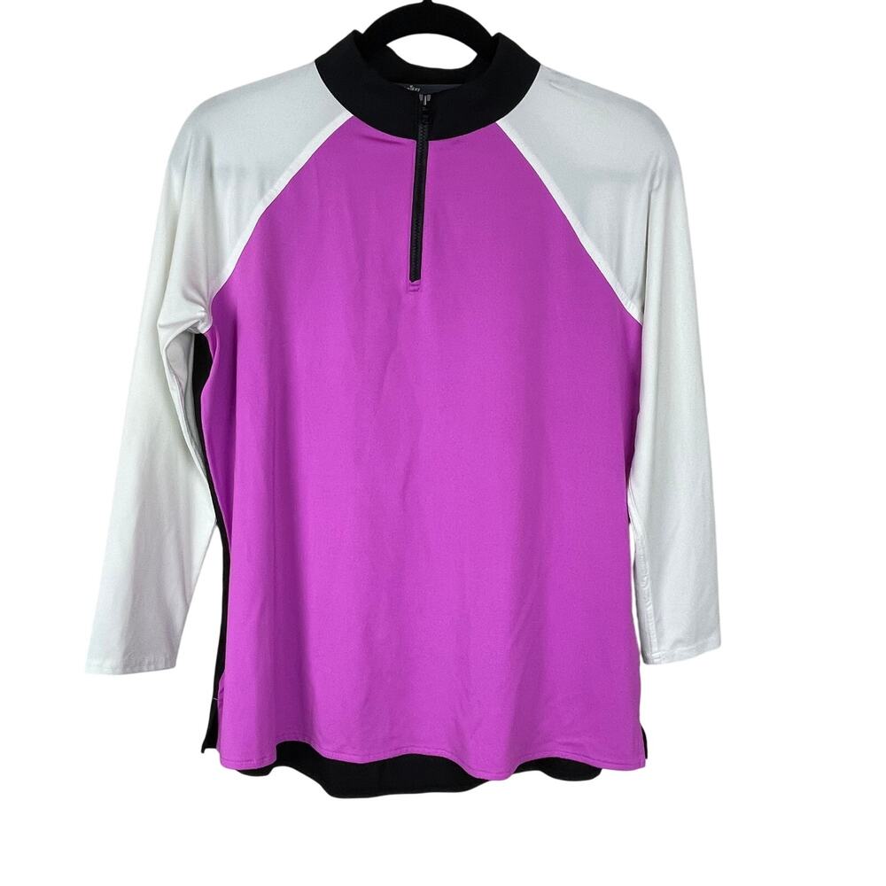 Belyn Key Sofia Golf 1/4 Zip Colorblock‎ Top Pink White Black Trim Mock Neck UPF